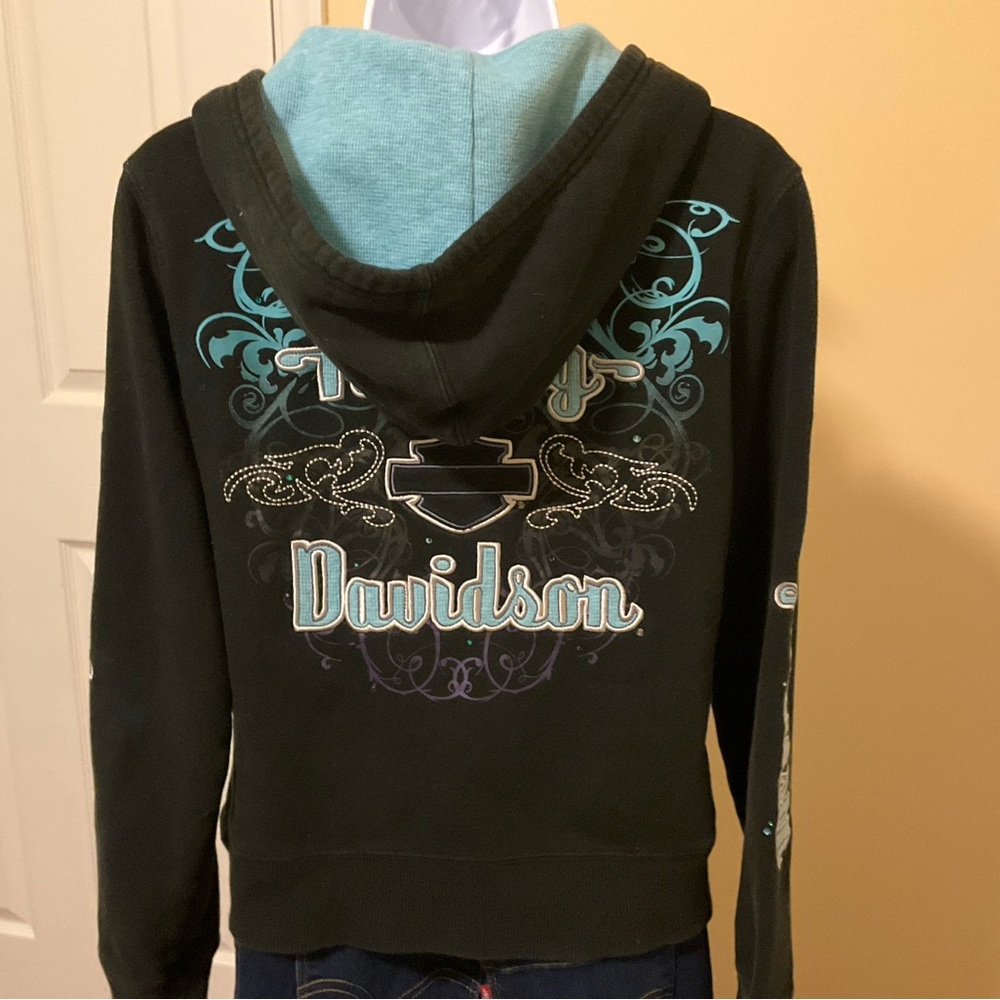 Black turquoise Harley Davidson zip hoodie; embroidered design & logo Swarovski